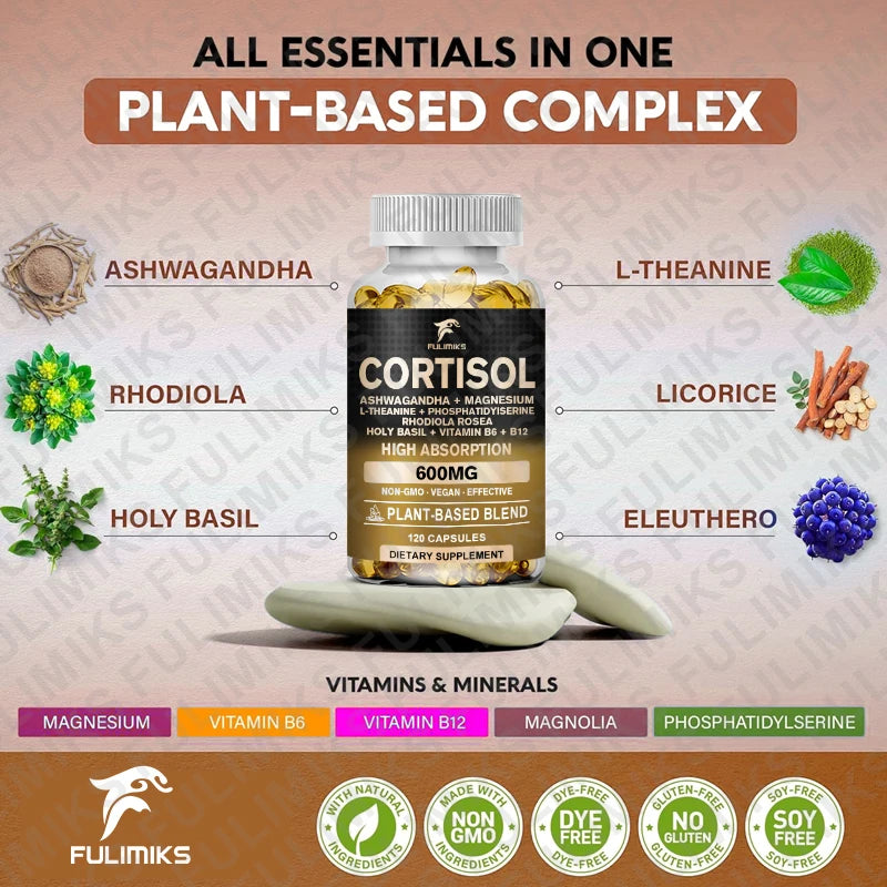 Cortisol Supplement, Holy Basil | Ashwagandha | Rhodiola | L-Theanine, Plant-Based Hormone Balance - Mood, Focus & Sleep Support