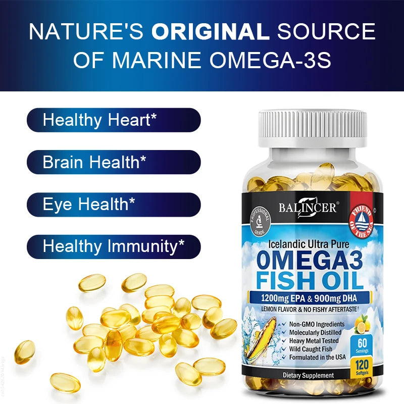 Omega-3 Fish Oil Supplement - with EPA & DHA - Supports Heart and Brain Health Omega 3 Fatty Acids 120 Capsules
