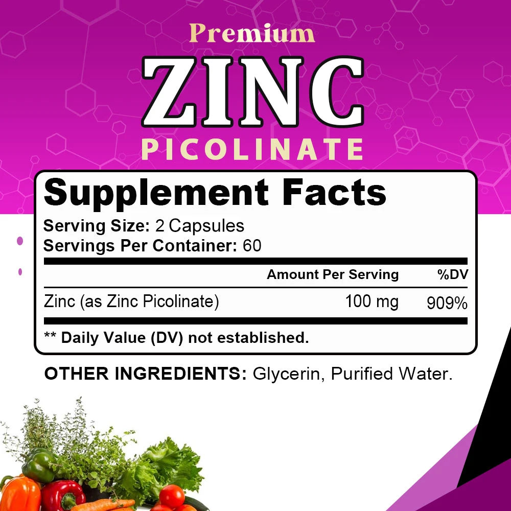 Zinc Picolinate 100mg – Immune Support, Skin Health, Sleep & Energy | 30, 60 & 120 Capsules