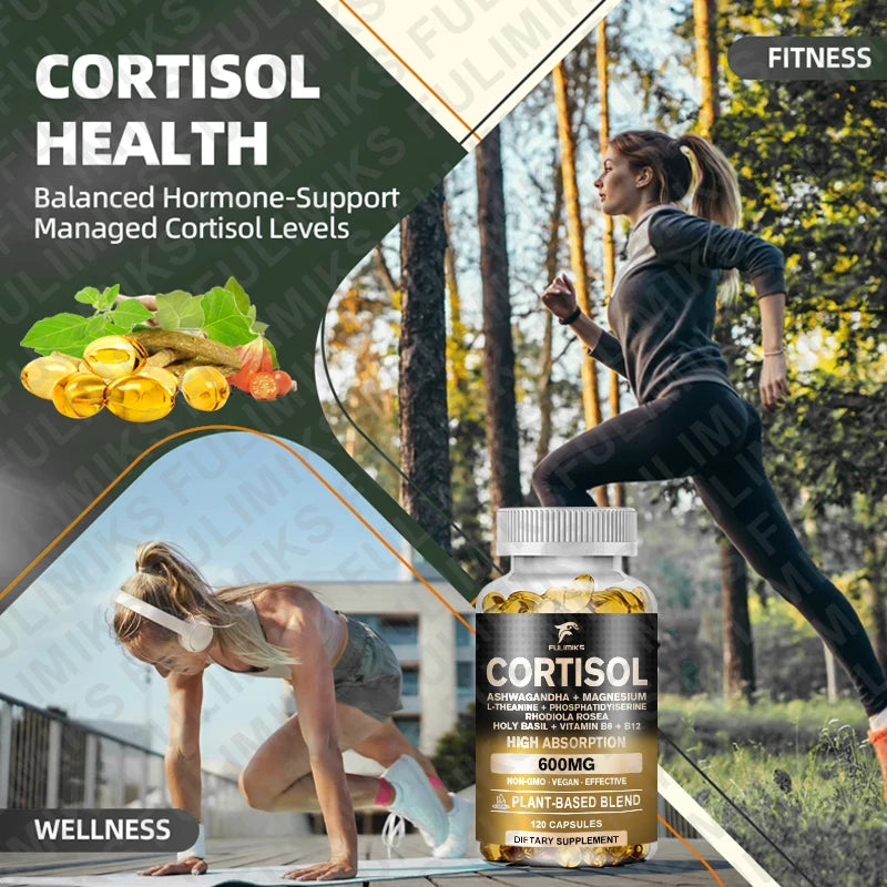 Cortisol Supplement, Holy Basil | Ashwagandha | Rhodiola | L-Theanine, Plant-Based Hormone Balance - Mood, Focus & Sleep Support